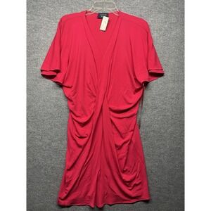 LANVIN Paris Red Ruched Wrap Dress Women's Medium V-Neck Short Sleeve France